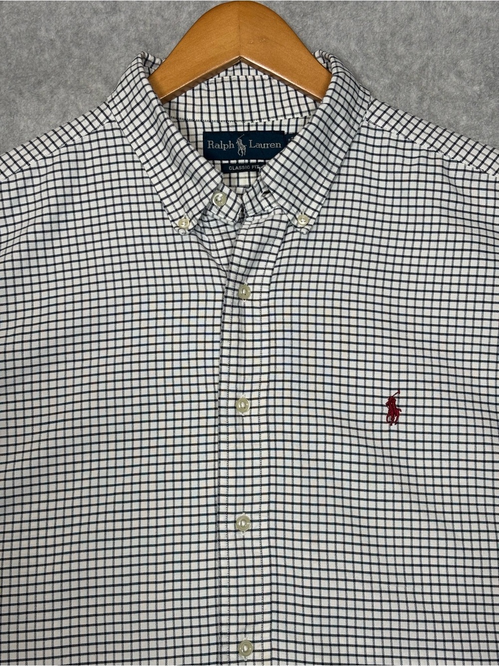 Ralph Lauren White Navy Check Button-Down Shirt with Red Polo Logo